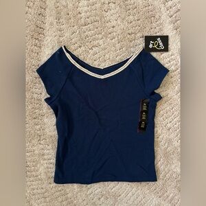 Art Class girls navy short sleeve top with lace style neckline